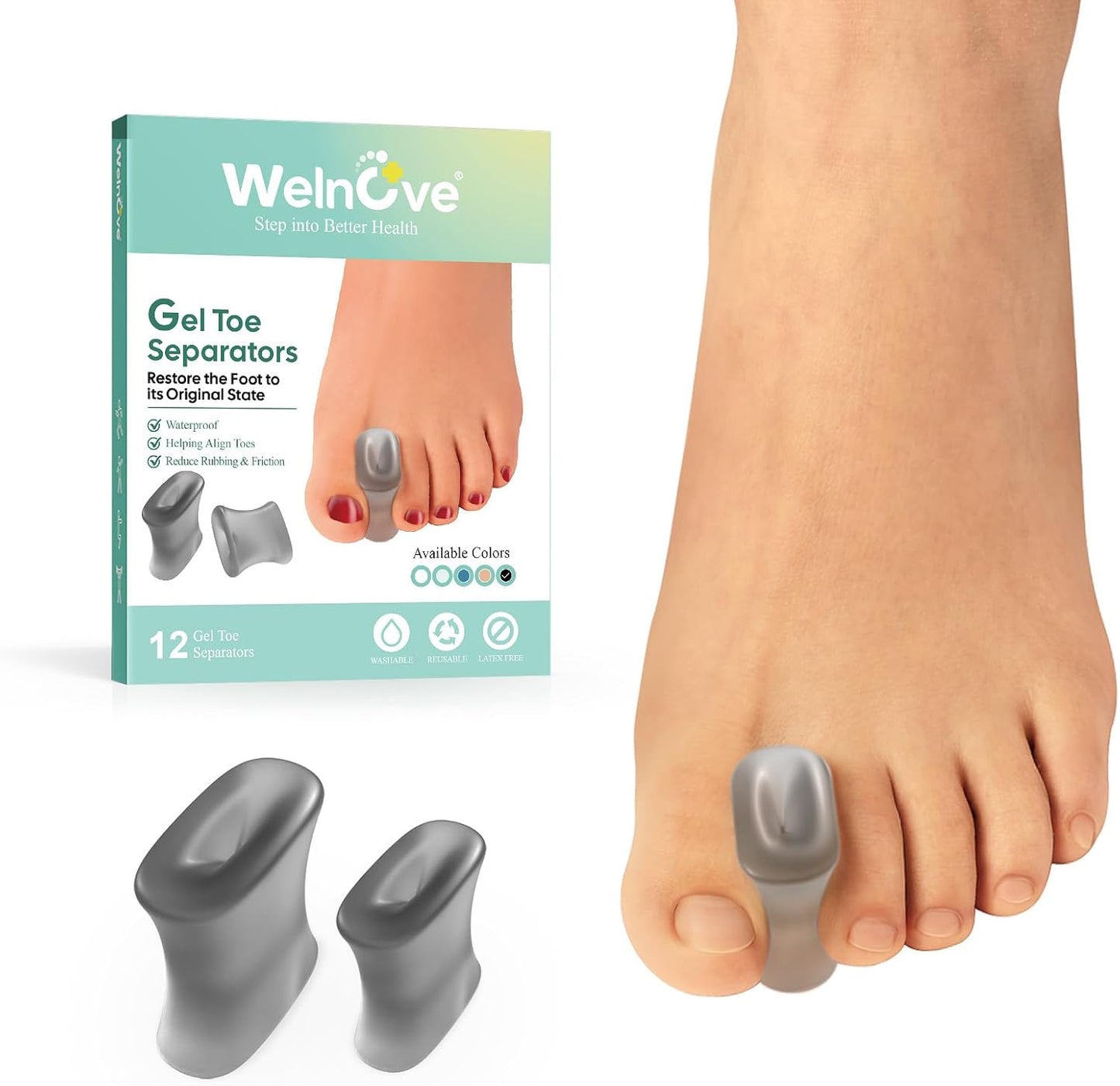 Welnove Gel Toe Separators - Bunion Pads for Straightening Overlapping Toes | 12-Pack, Transparent