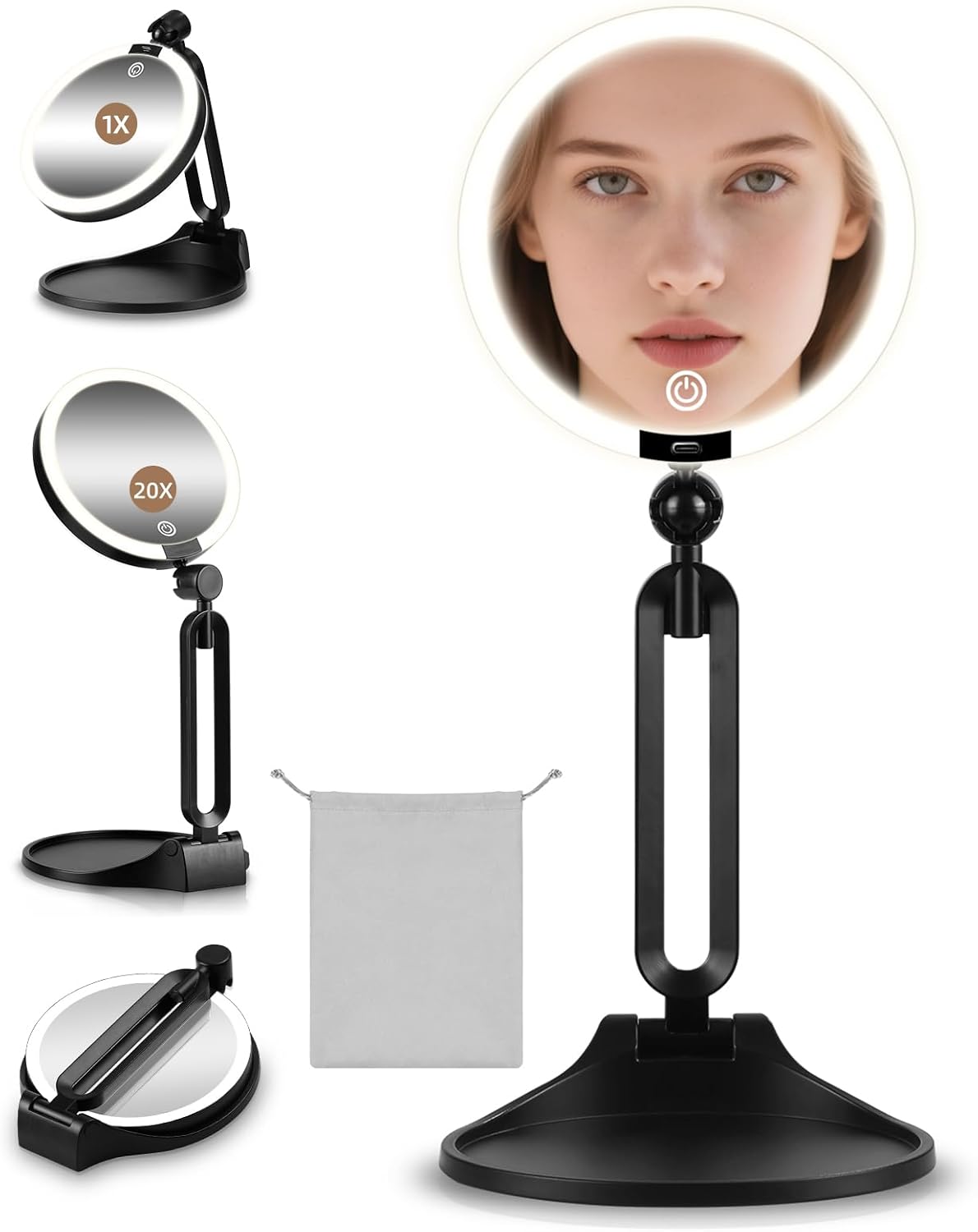 40X Makeup Magnifying Mirror with LED Lights - Double-Sided 6-Inch, 3 Color Dimmable, Rechargeable, 360° Rotation