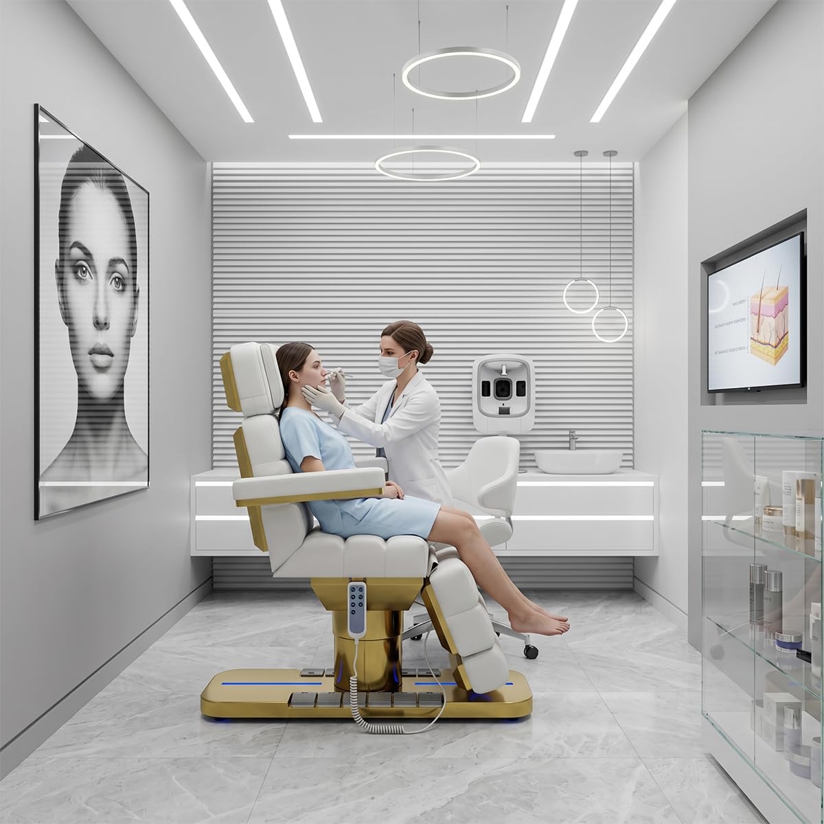 Lexdiwer Fully Electric Facial Massage Bed with 3 Motors for Esthetician, Electric Tattoo Chair for Client, Facial Bed for Esthetician, Electric Adjustment
