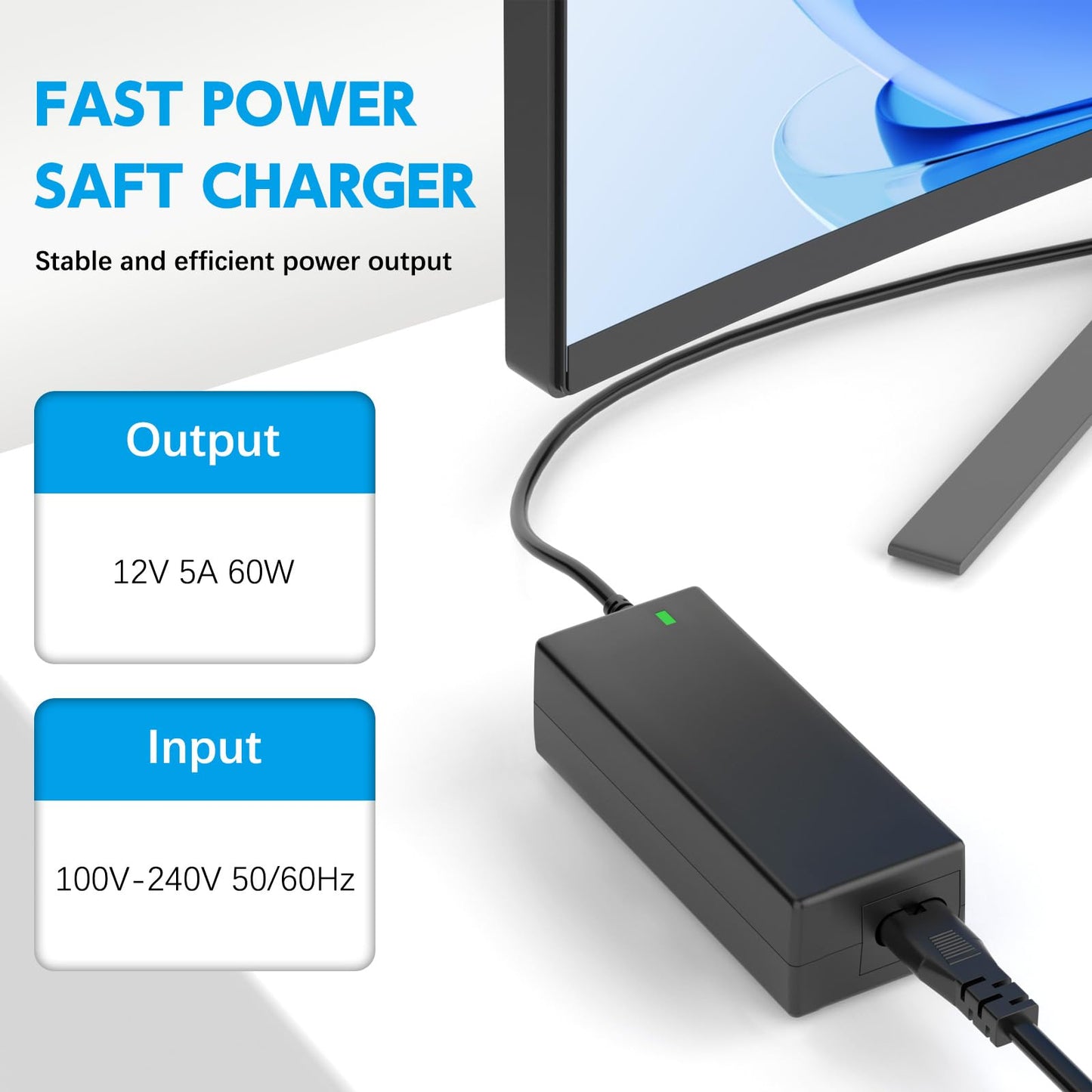 DC 12V Power Cord Compatible with AOC Monitor 16" 20" 22" 23" 24" 27"; E1659FWU, E2043FK, E2243FW, E2243FWK, E2343FK, LM520, LM720, LM729, LM800, LM914 Replacement Power Supply Cord