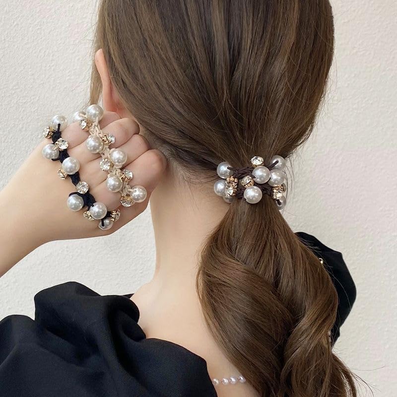 Chic Rhinestone & Faux Pearl Flower Hair Ties - 2pcs Set for Girls | Stylish Everyday & Vacation Accessory, Black