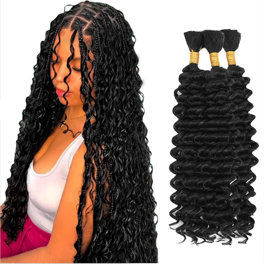 26 26 26 Inch #1B Human Braiding Hair for Boho Braids Natural Blck #1B Boho Human Hair Braiding Deep Wave Knotless Bulk Bohemian Natural Color Braids 150g