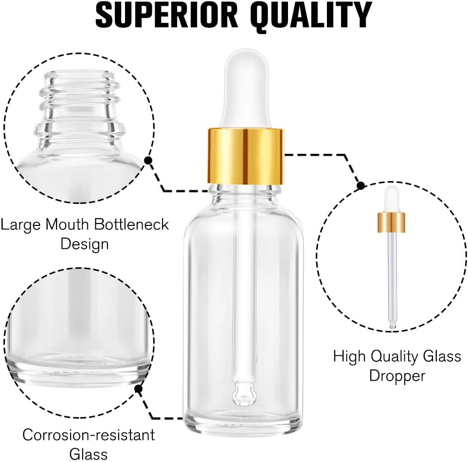 Glass Eye Dropper Bottles 2oz (60ml) - 63 Pack Clear Thick Bottles with Leakproof Golden Caps | Ideal for Essential Oils, DIY Serums, Travel