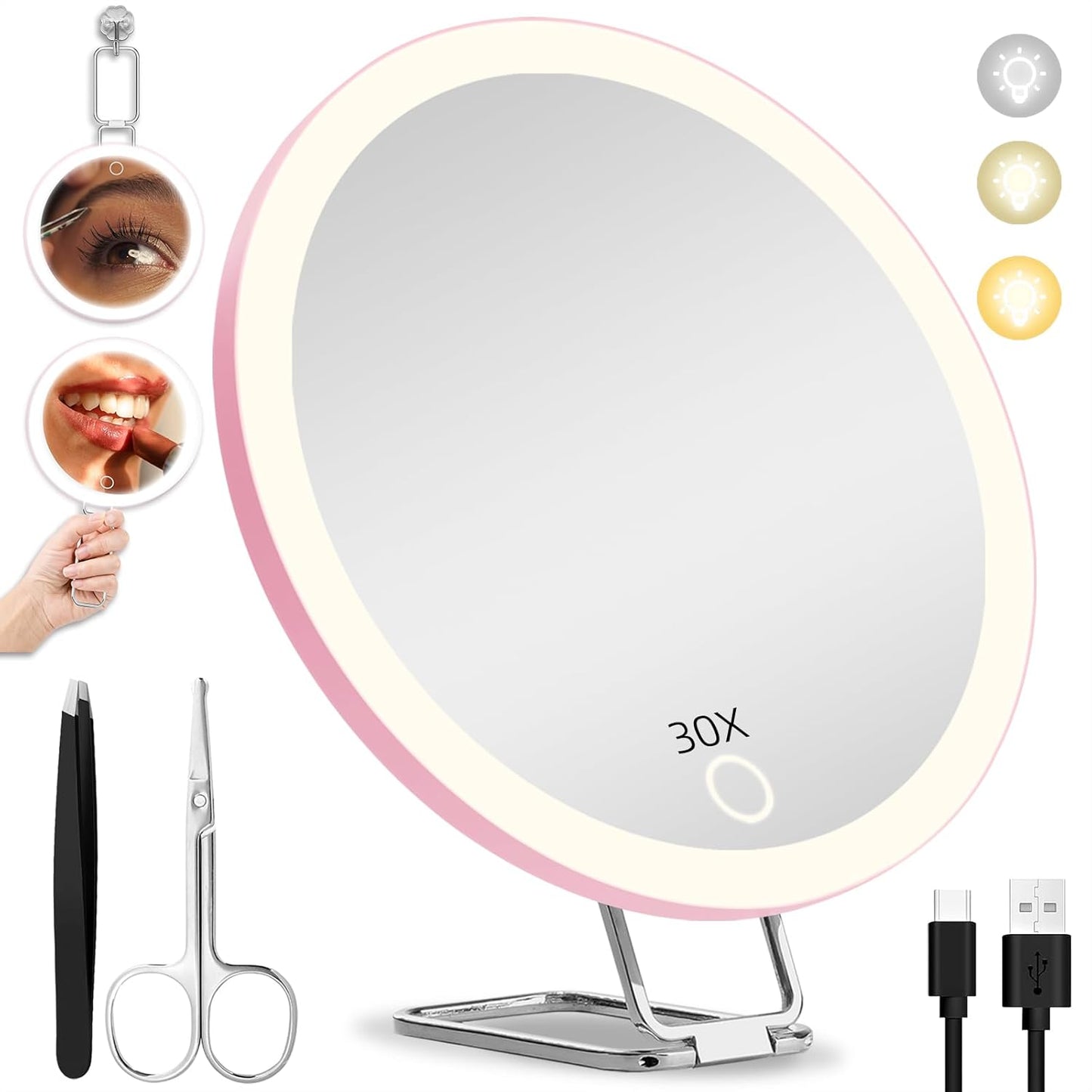 10X Magnifying Mirror with Lights - 6-Inch Lighted Travel Makeup Mirror | 3 Suction Cups & 360° Adjustable Bracket, Includes Tweezers & Scissors