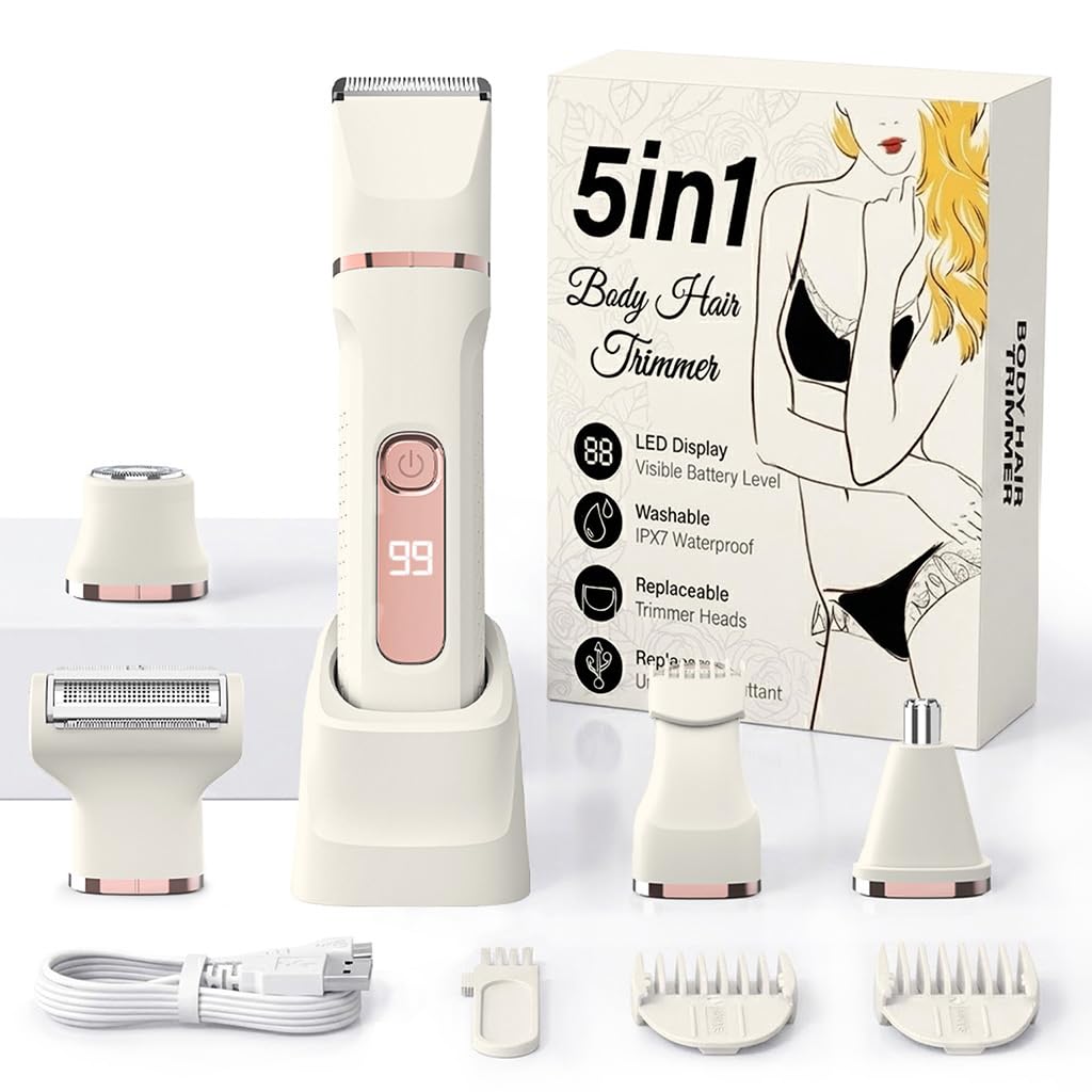 Bikini Trimmer for Women,Electric Shaver for Women, IPX7 Waterproof Razor Shaver,Women's Electric Razor,Intimate Shaver for Women,with 5 Blades,USB-C Rechargeable,Recharge Dock(Beige White)