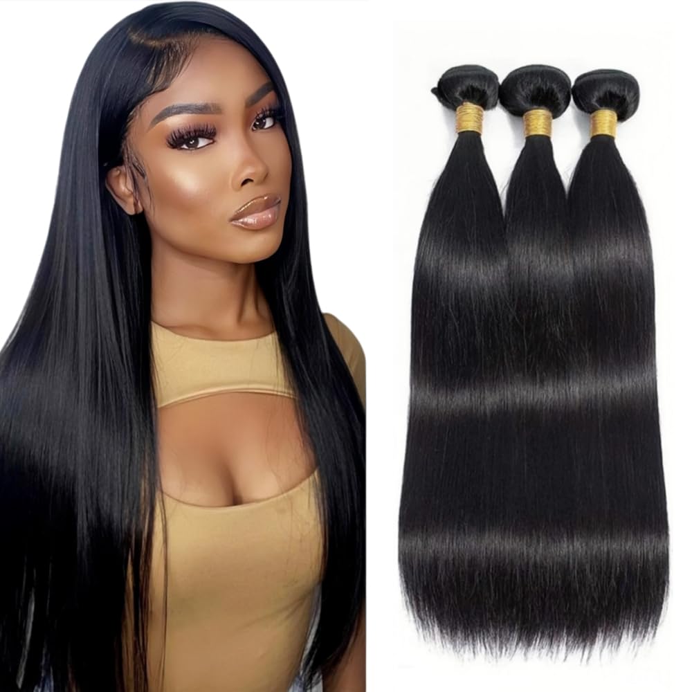 HuxoWax 30 32 34 Inch #1B Human Hair Bundles Straight Natural Black Color Doubles Weft Weave 3 Bundles Total 150g Unprocessed Real Human Hair Extensions Natural Black Color