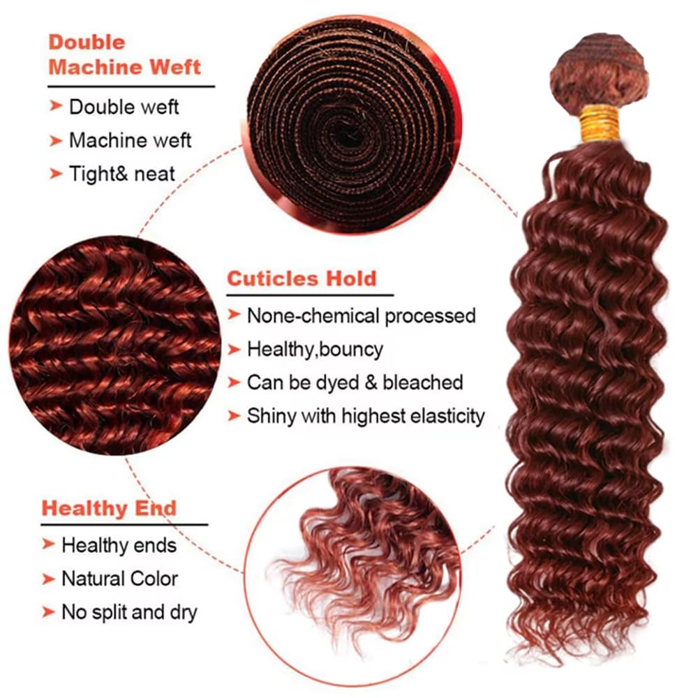 Reddish Brown Bundles Copper Deep Wave Bundle 24 26 28 Inch Color 33 Human Hair Length 3 Bundles/150g #33 Deep Wave Bundle Peruvian Virgin Hair Extensions