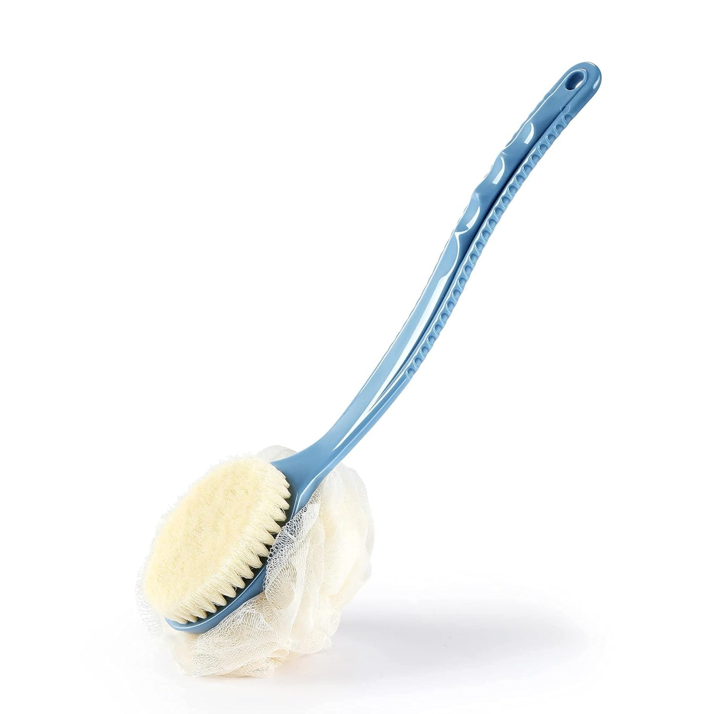 Shower Body Brush - Exfoliating Back Scrubber with Curved Handle | Dual Bristles & Loofah for Wet/Dry Use - Blue