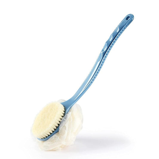 Shower Body Brush - Exfoliating Back Scrubber with Curved Handle | Dual Bristles & Loofah for Wet/Dry Use - Blue