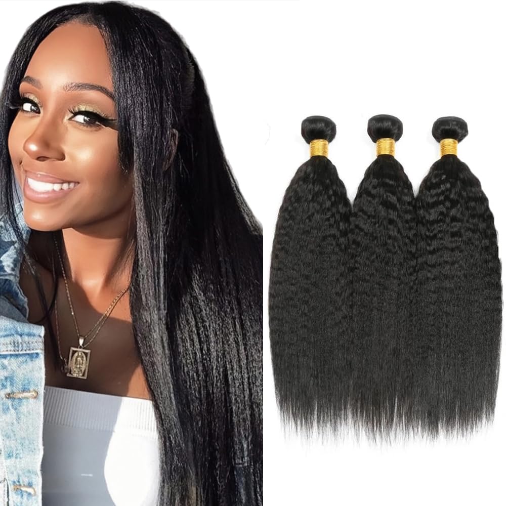 #1B Yaki Straight Human Hair Bundles Natural Black Bundle Yaki Human Hair Bundles Unprocessed Virgin #1B Bundle 20 22 24 Inch 150g