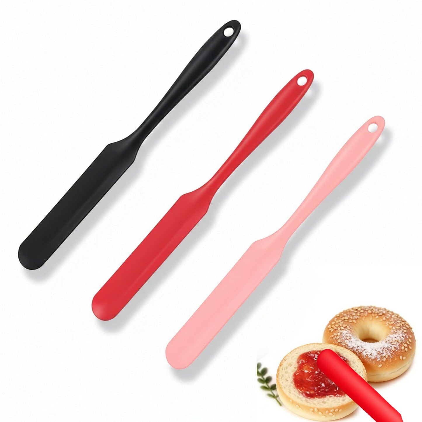 Silicone Jar Spatula,Long Handle Sourdough Spatula,Small Silicone Spatulas Bulk for Scraping Jars Butter Kitchen Baking Mixing Cake (Black, Red, Pink)