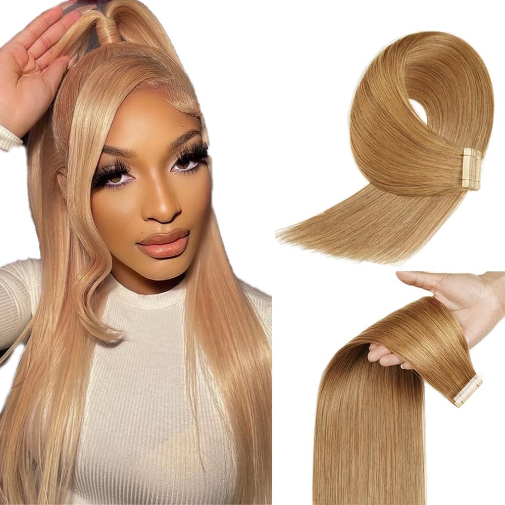 HuxoWax Tape In Human Hair Extensions #27 Honey Blonde Doubles Weft Invisible Straight Human Hair Tape In Extensions #27 Blonde Weave 10 Packs Total 40g 12 Inch