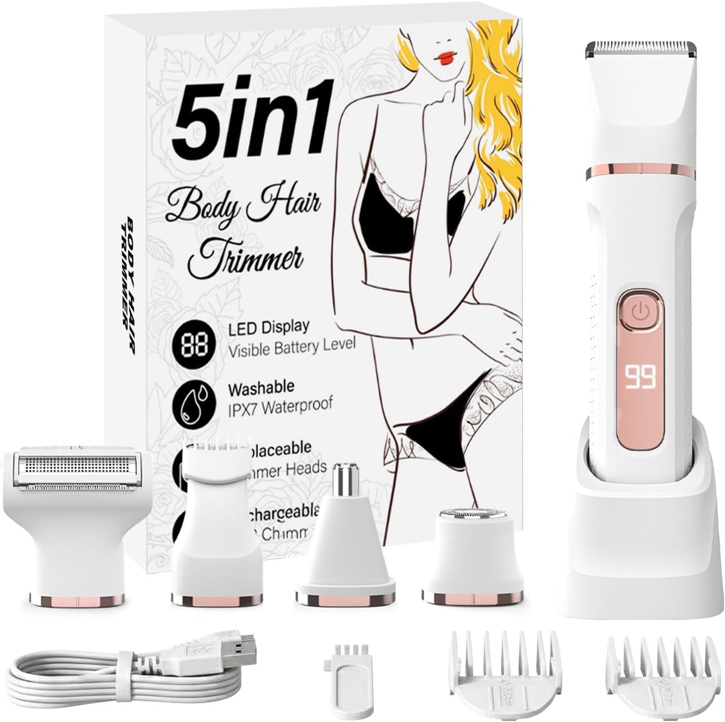 Bikini Trimmer for Women - IPX7 Waterproof Electric Shaver with 5 Blades | USB-C Rechargeable, White