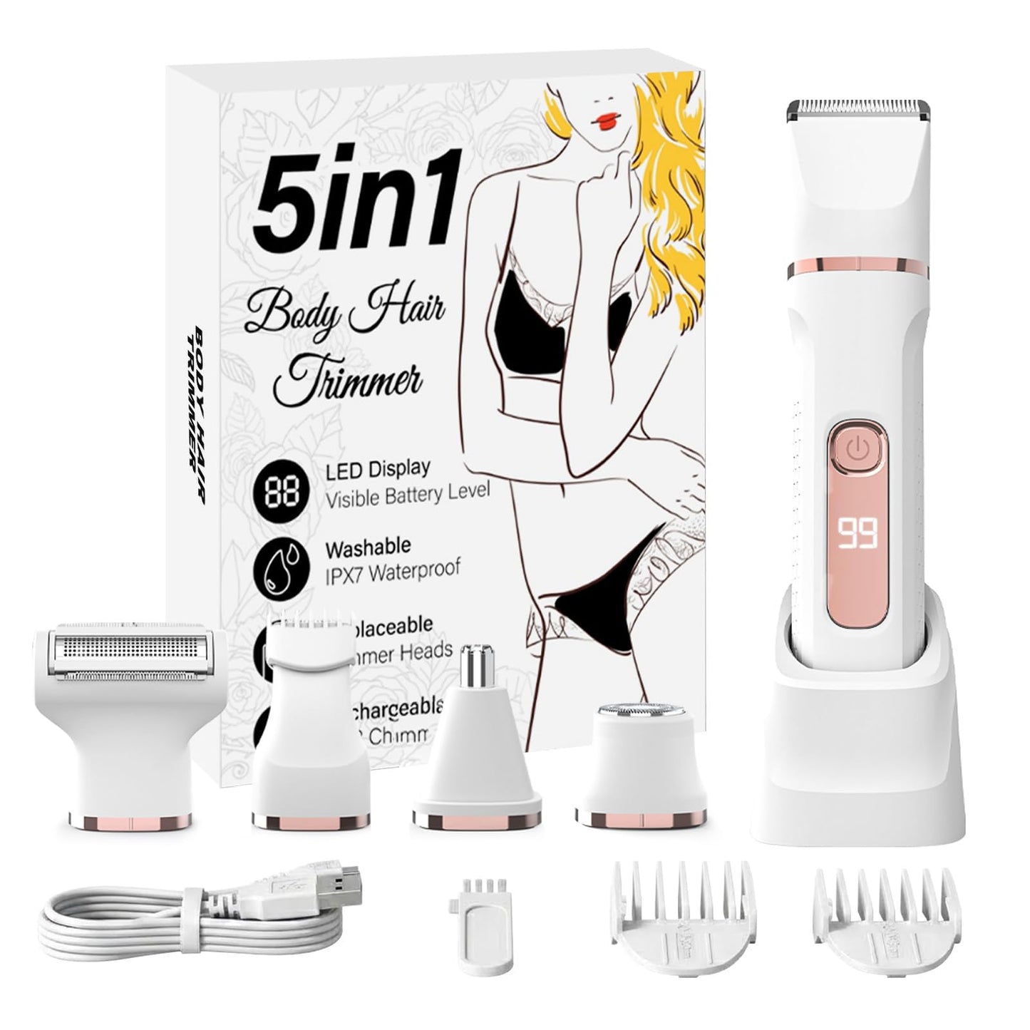 Bikini Trimmer for Women,Electric Shaver for Women, IPX7 Waterproof Razor Shaver,Women's Electric Razor,Intimate Shaver for Women,with 5 Blades,USB-C Rechargeable,Recharge Dock（White