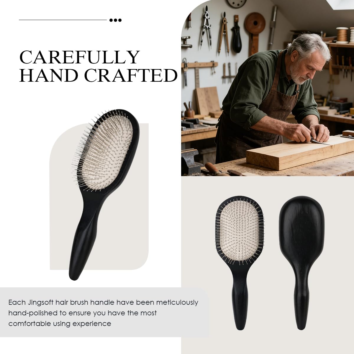 JingSoft Oak Wooden Hair Brush Anti-Static, Smoothing & Scalp Massaging Detangler Brush with Stainless Steel Bristles for All Hair Types - Black