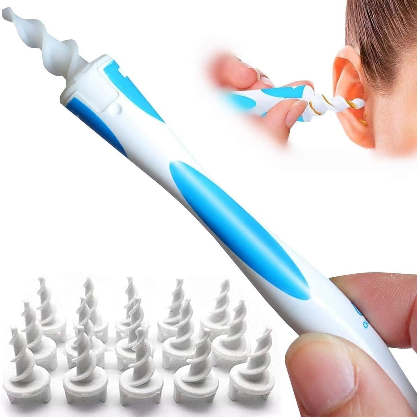 Earwax Removal Tool - QGrips Spiral Ear Cleaner Kit with 16 Soft Replacements | Safe & Reusable