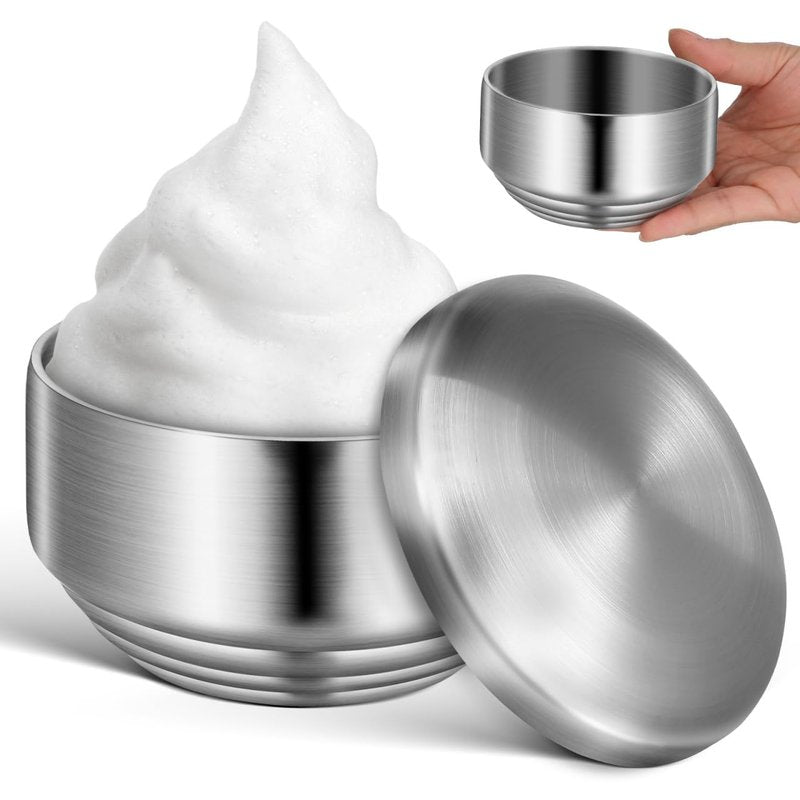 DEARMAMY Stainless Steel Shaving Bowl with Lid, Double Layer Heat Insulation Soap Mug, Mirror Polished Lathering Dish for Traditional Wet Shaving