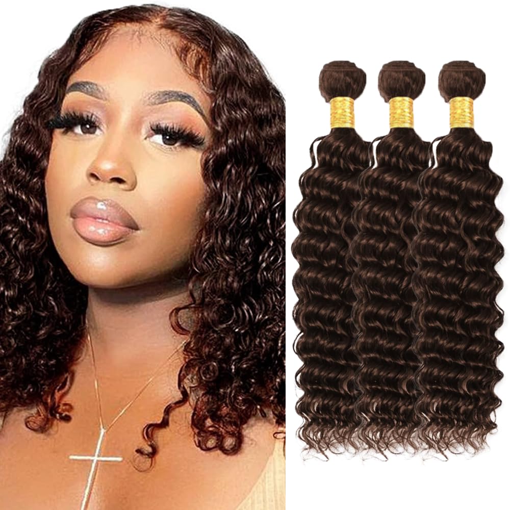 Brown Human Hair Bundles Dark Brown Deep Wave Bundles 18 20 22 inch WuvuSnm #4 Wet and Wavy Bundle #4 Deep Wave Bundle