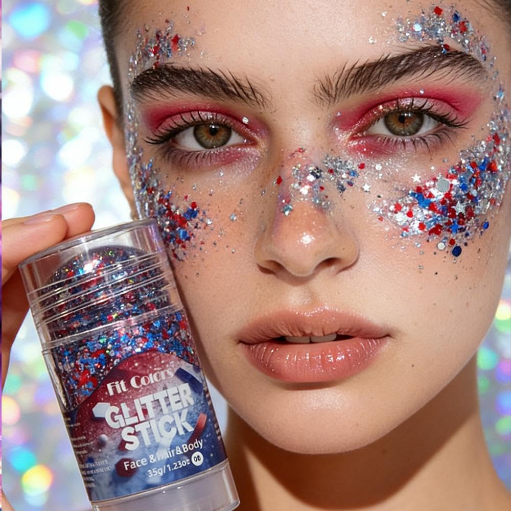 Glitter Stick - Red White Blue Sparkling Hair & Face Glitter Gel | Chunky Sequins for Concerts, Raves, Halloween & Festivals