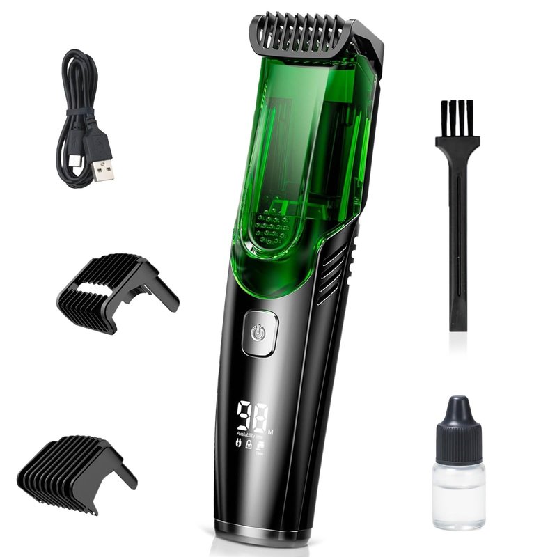 Vacuum Beard Trimmer for Men, Beard and Mustache Trimmer for Men with Adjustable Length Comb (1–20mm), IPX6 Waterproof Built-in Electric Trimmer for Beard, Mustache, and Stubble.