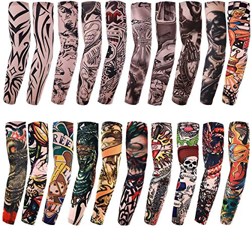 20PCS Unisex Fake Tattoo Sleeves Set - Tribal, Skull, Tiger, Crown & Heart Designs
