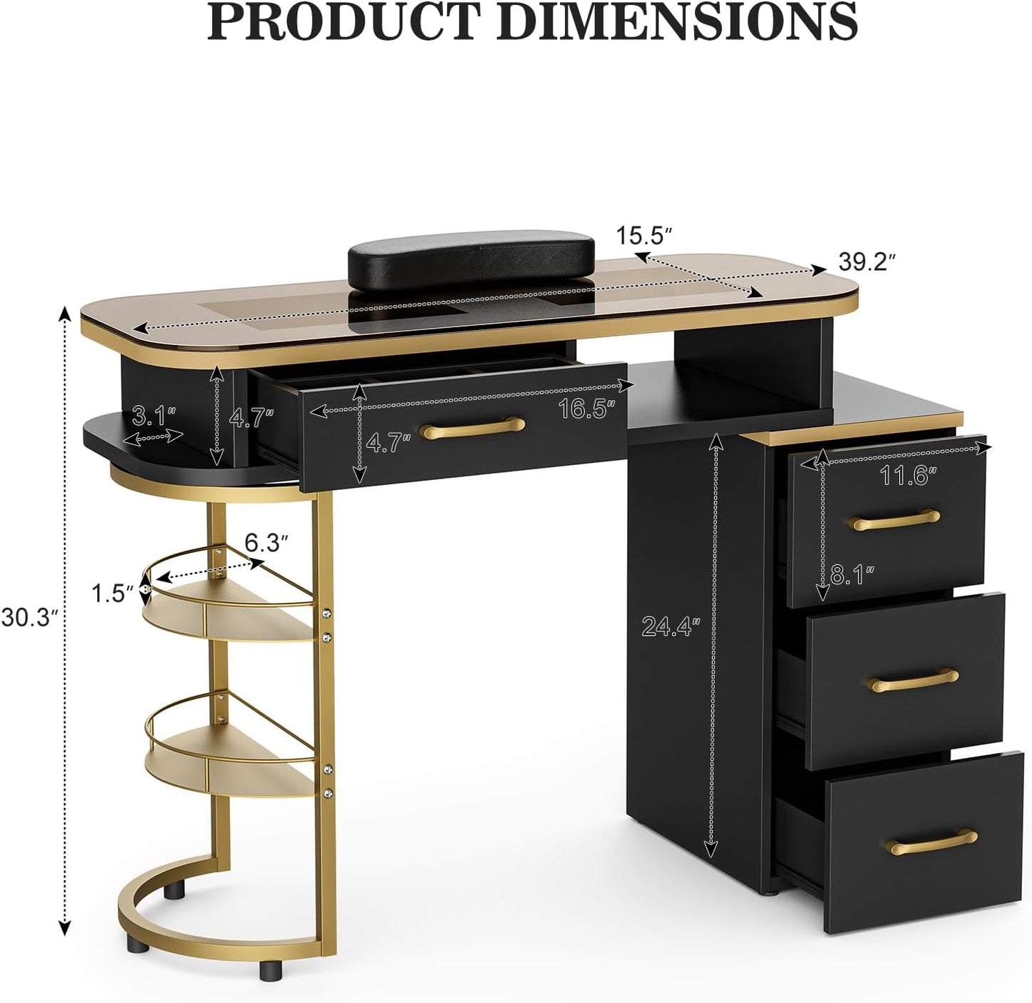 Manicure Table - Glass Top Nail Desk Station with 4 Drawers & 2-Tier Storage | Acetone Resistant, Wrist Cushion, Black
