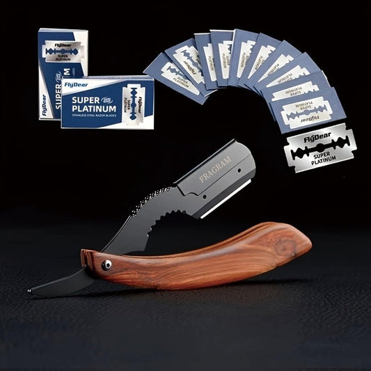 FRAGRAM wooden handle manual shaving razor with replacement blade compatible with S23 stainless steel hair clipper, used for shaving razors (剃须刀架+10片刀片)