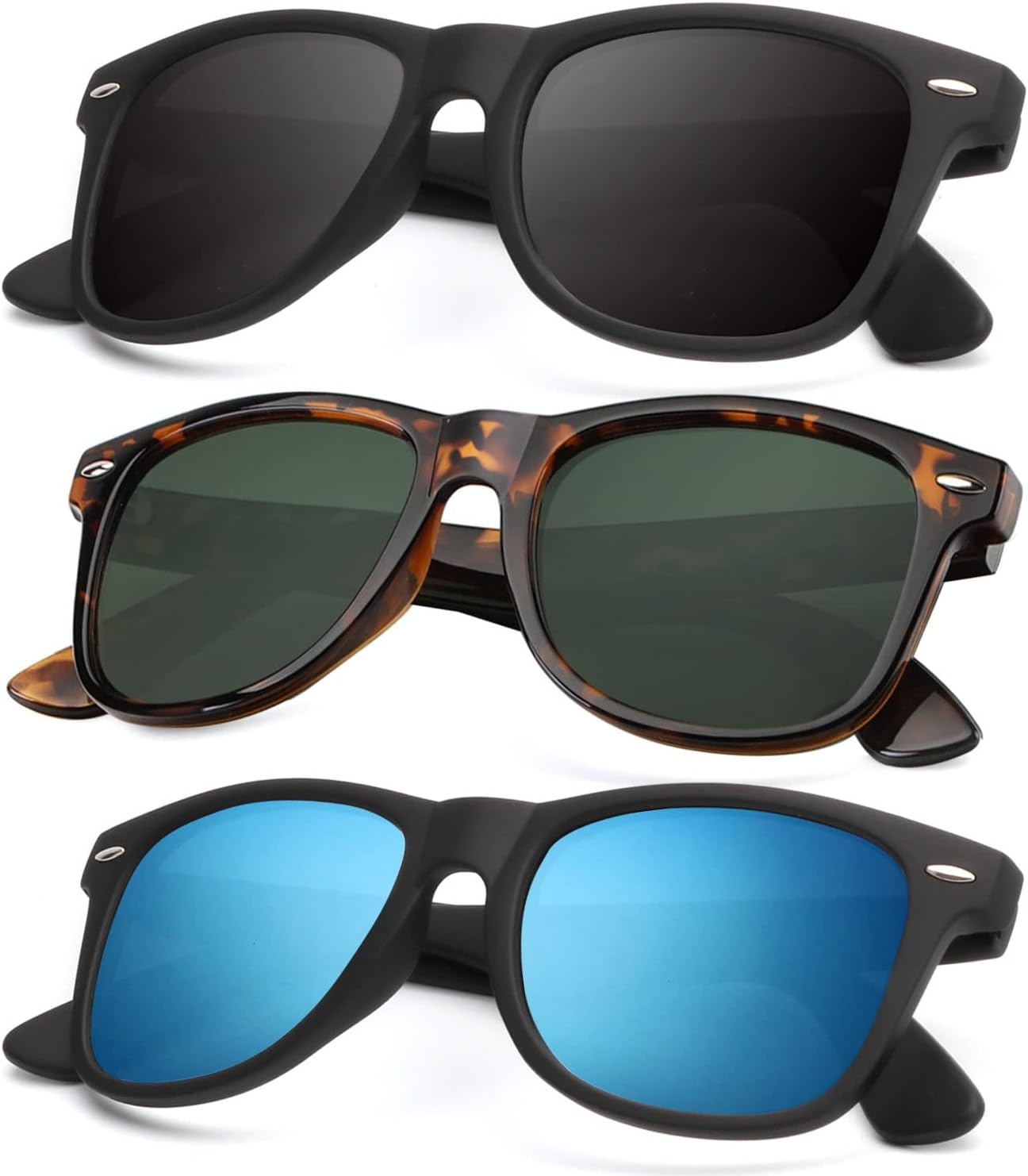 KALIYADI Polarized Sunglasses - Matte Finish, UV Blocking, Color Mirror Lenses | 3-Pack for Men & Women