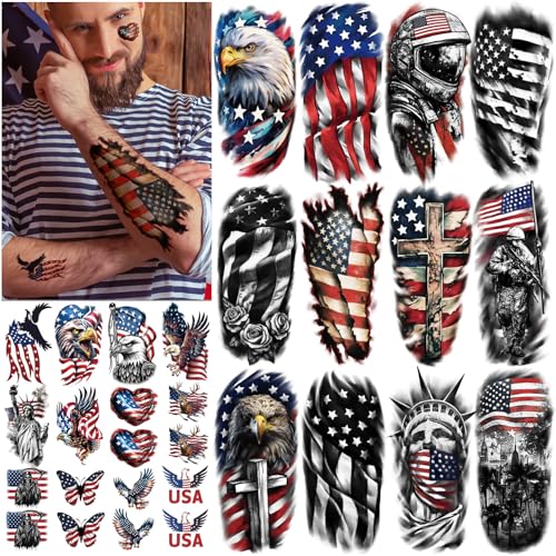 Atydkug Independence Day Temporary Tattoos for Women & Men - 77 Sheets Patriotic Body Art, 17 Large & 60 Small American Flag & Eagle Designs