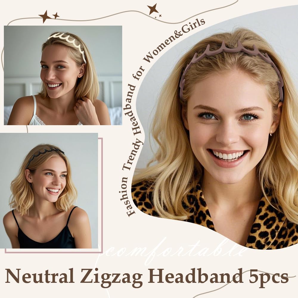 Aprince Zigzag Headbands 5pcs, Neutral Matte Plastic Headbands with Teeth, Non-slip Wavy Hairbands for Women&Men, U Shape Reversible Headband, Retro High Skull Headband, 90s Comb Hair Hoop