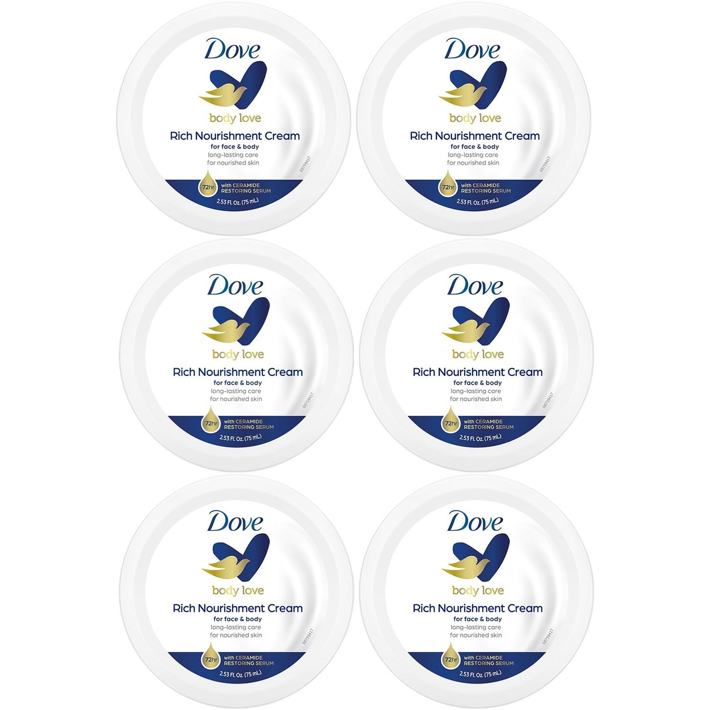 Dove Body Love Rich Nourishment Cream - Fast-Absorbing Lotion for Extremely Dry Skin | 2.53 OZ Travel Size (Pack of 6)