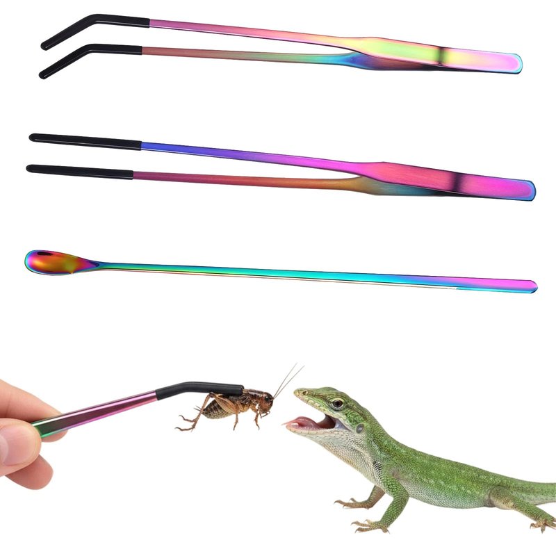 LXUEJIE 3PCS Stainless Steel Reptile Feeding Tongs with Rubber Tip, 10.6" Straight Curved Long Tweezers, Extra Long Aquarium Tweezers for Bearded Dragons, Lizards, Terrarium Tank Supplies