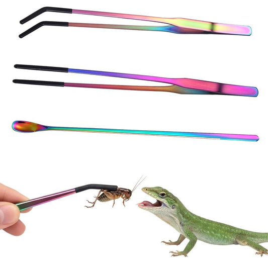 LXUEJIE 3PCS Stainless Steel Reptile Feeding Tongs with Rubber Tip, 10.6" Straight Curved Long Tweezers, Extra Long Aquarium Tweezers for Bearded Dragons, Lizards, Terrarium Tank Supplies