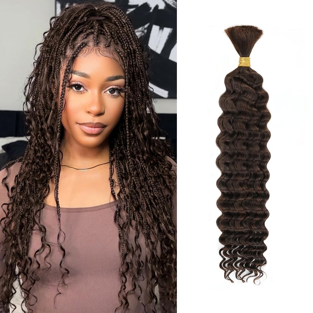 Human Braiding Hair for Boho Braids Human 55g 18 Inch Color 4 Deep Wave Boho Bulk Human Hair for Braiding 12A Deep Wave Bulk Bohemian Chocolate Brown