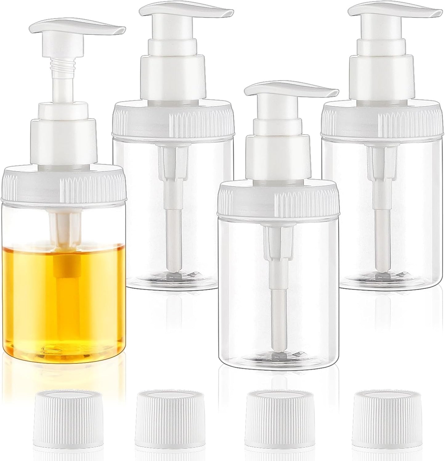 Pump Bottle Dispenser - 4oz Refillable Lotion Containers | Clear Plastic Wide Mouth Jars - 4 Pack for Shampoo & Body Wash