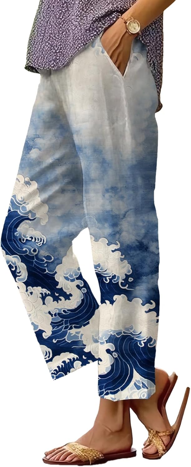 Women's Boho Floral Wide Leg Capris - Elastic Waist, Loose Fit Beach Pants | Casual Summer Trousers