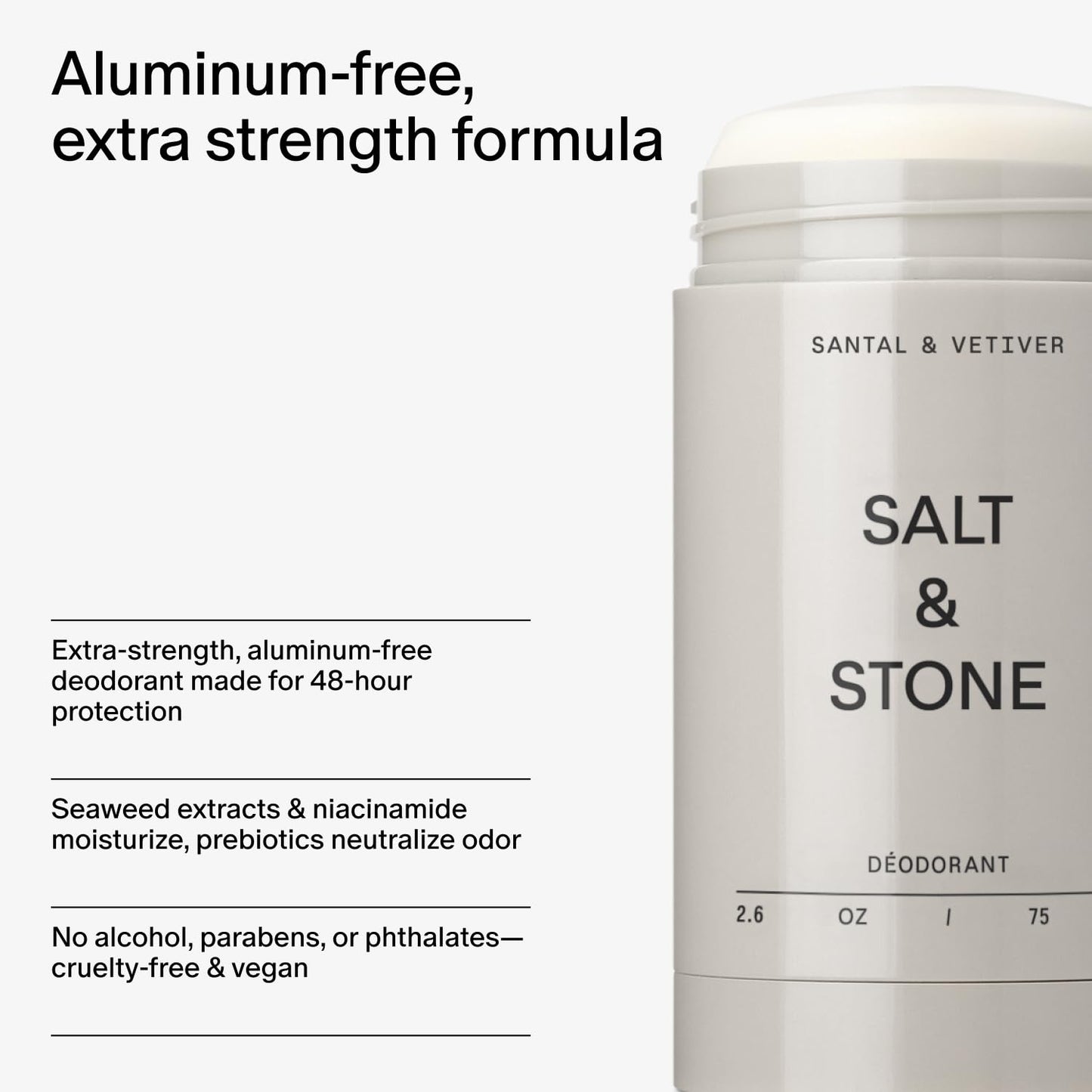 Aluminum-Free Deodorant - Extra Strength 48-Hour Protection for Men & Women | Seaweed Extract, Niacinamide & Prebiotics | Santal & Vetiver