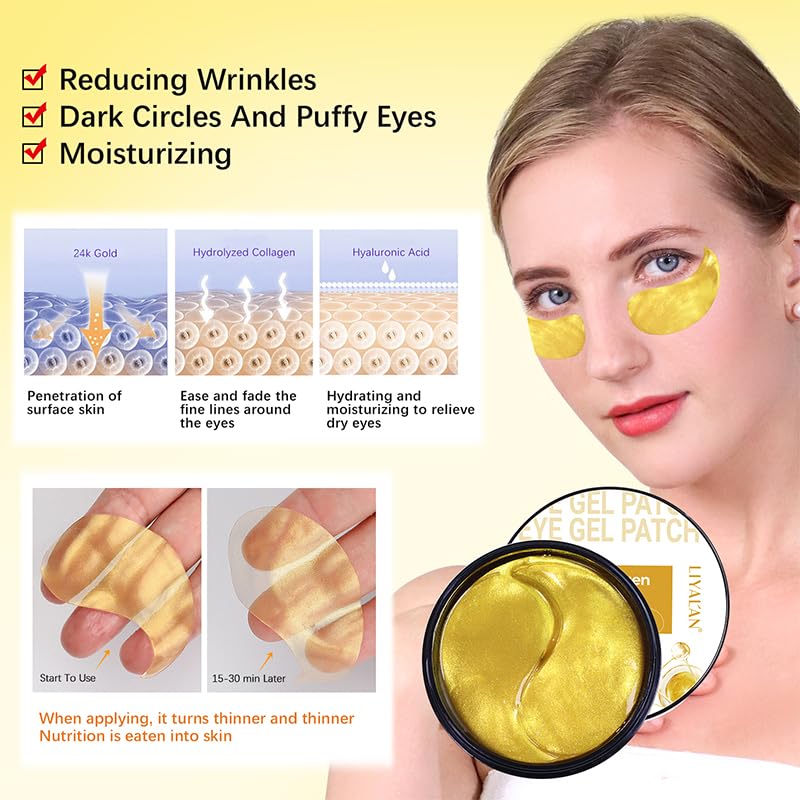 LIYALAN 24K Gold Under Eye Patches - 60 Pcs for Dark Circles & Puffiness