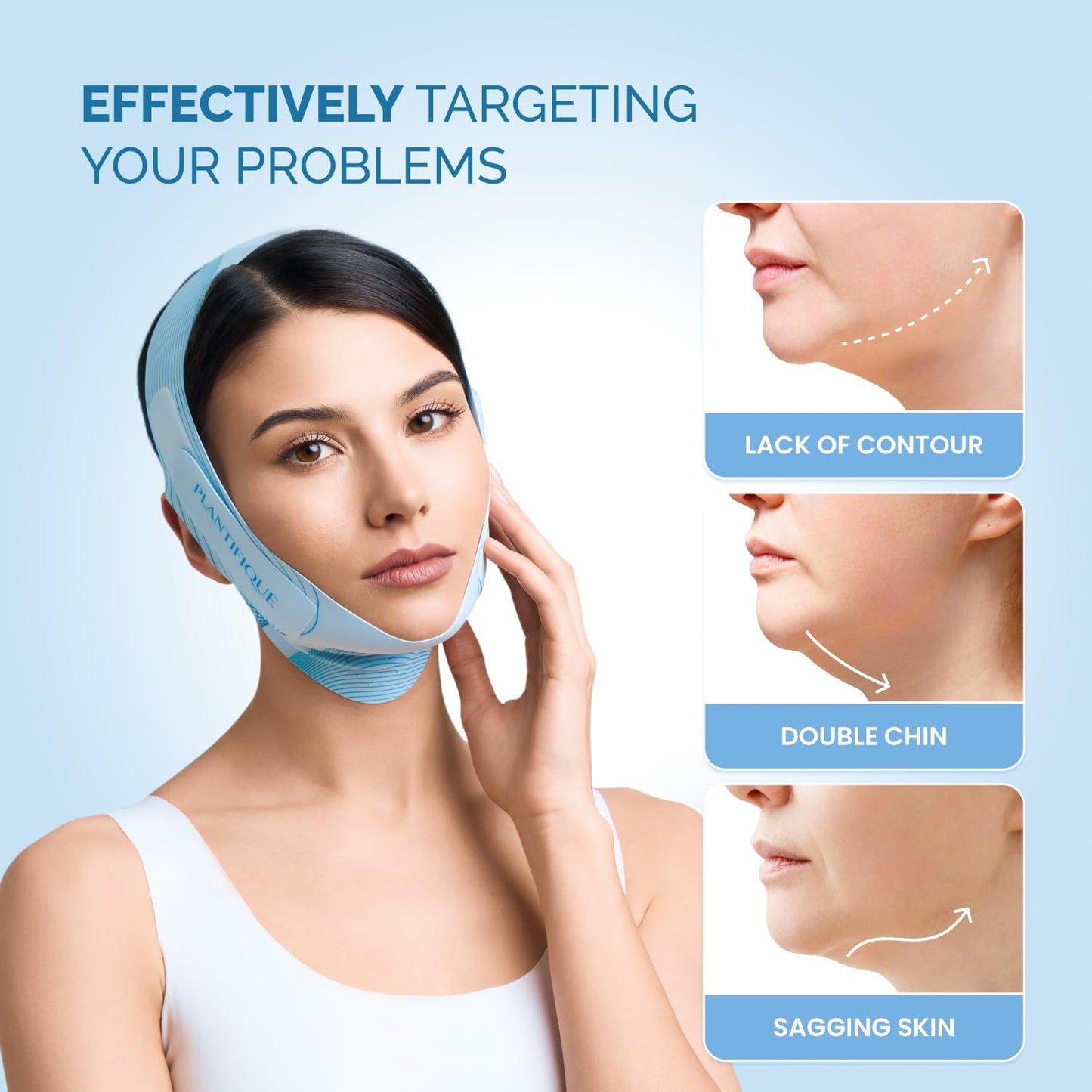 PLANTIFIQUE Chin Strap for Face Contouring - Reusable V Line Ice Silk Fabric Mask - Double Chin Shaping, Adjustable, Breathable Fabric - Jawline Shaper for Women & Men (Blue)