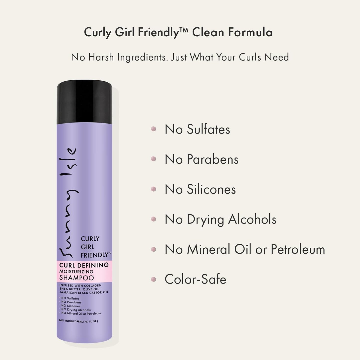 Sunny Isle Curly Girl Friendly Curl Defining Moisturizing Shampoo, Sulfate & Paraben Free Hydrating for Curly, Wavy & Coily Hair (2C–4C), Jamaican Black Castor Oil, Shea Butter & Collagen, 10.1oz