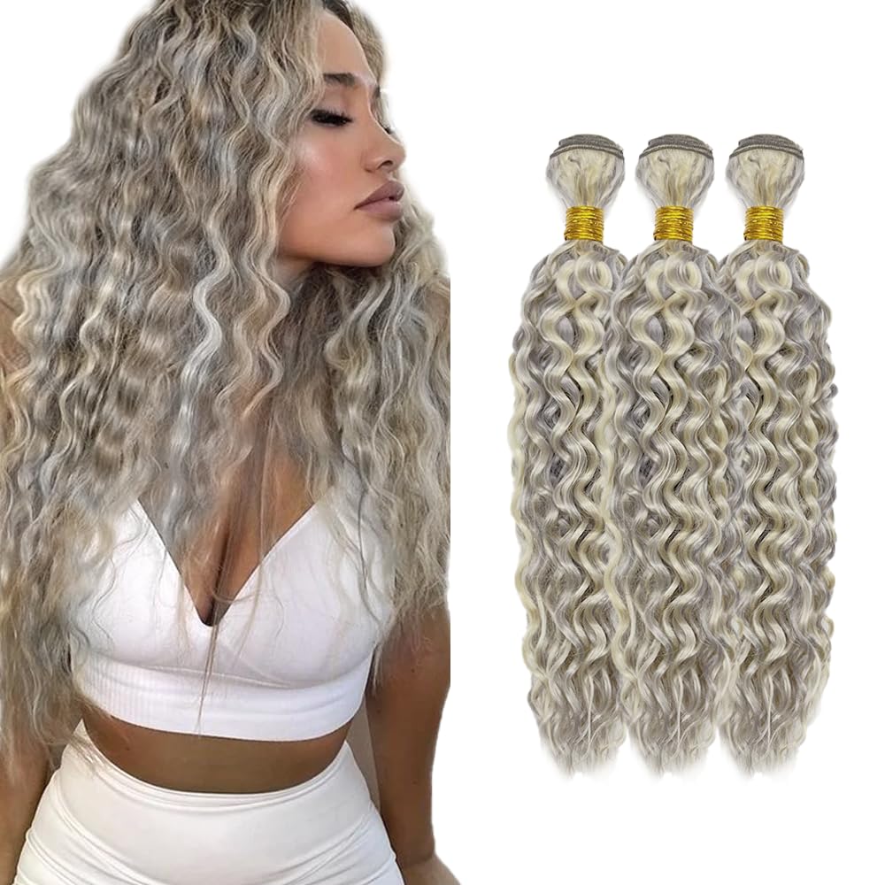 20 22 24 Inch Highlight Blonde Bundles Human Hair Grey Water Wave Bundles Double Weft Huxowax Virgin Remy Hair Extensions 2 Tone Grey and Blonde Wet and Wavy Bundle
