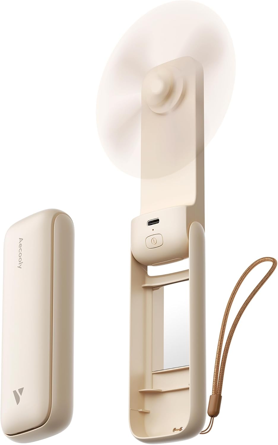 Aecooly Portable USB Rechargeable Fan - Slim Handheld Design | 24-Hour Cooling, Foldable Travel Size, Beige