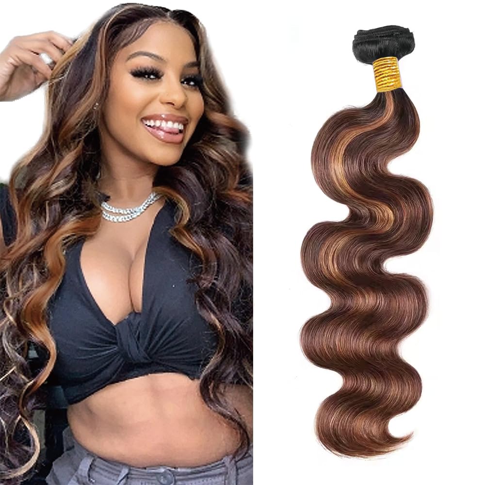 Freiuoke 32 Inch Brown Bundles Human Hair Color 30 Body Wave Bundles Highlight Body Wave 1 Bundle/50g Soft and Shiny Remy Hair Extensions