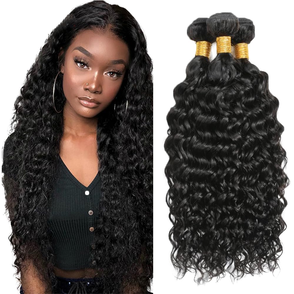 32 32 32 Inch Water Wave Bundles Human Hair 3 Bundles Brazilian Remy Hair 50 Grams/Bundle 10A Grade Unprocessed Virgin Hairs #1B Natural Black Water Wave Bundle Weaves Extensions for Black Women