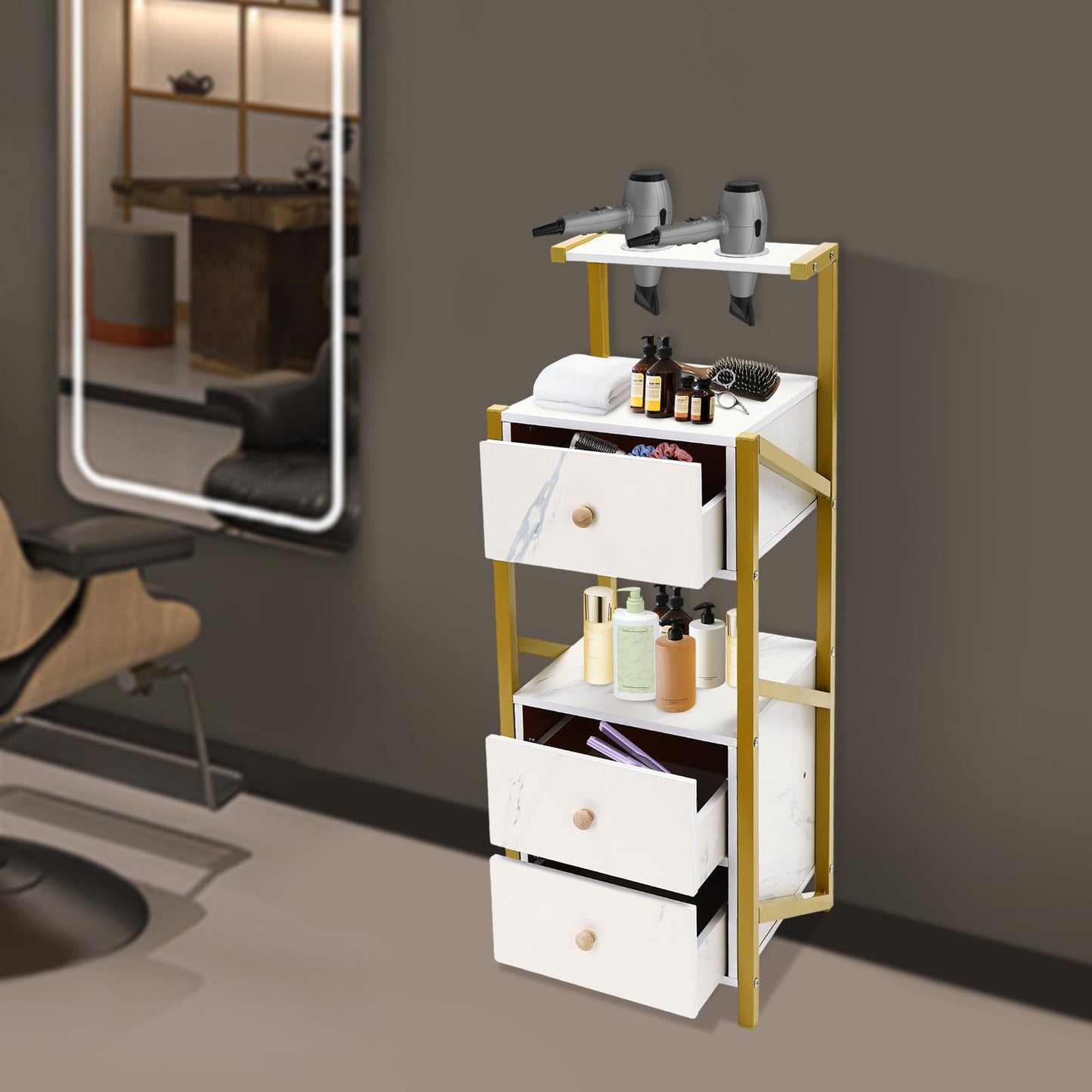 Beauty Salon Station Barber Stations w/Drawer, Makeup Storage w/Hair Dryer Holder Organizer Equipment for Barber-Stores