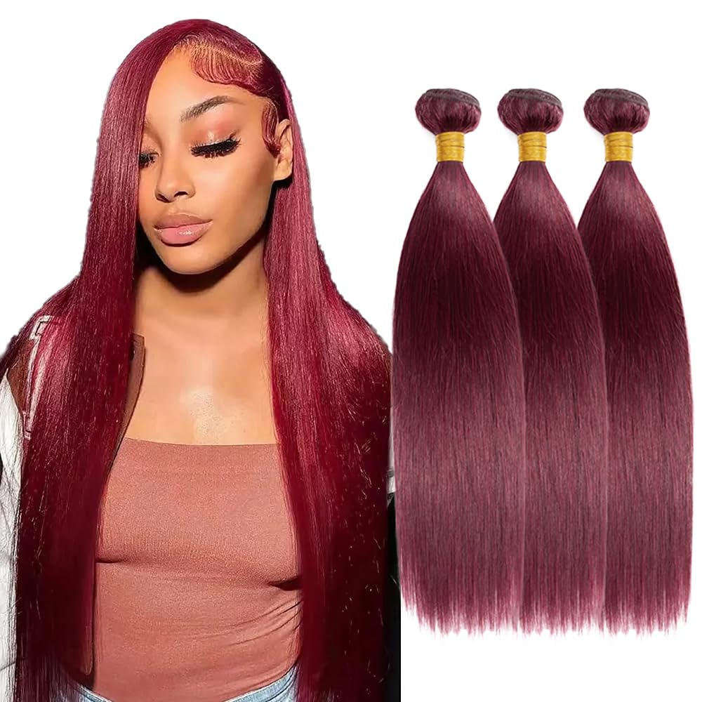 #99J Wine Red Human Hair Bundles Straight Bundles 18 18 18 Inch Burgundy Unprocessed Brazilian Virgin Hair 3 Bundle 50 Gram Per Bundle Deals Quick Weave Hair Extensions