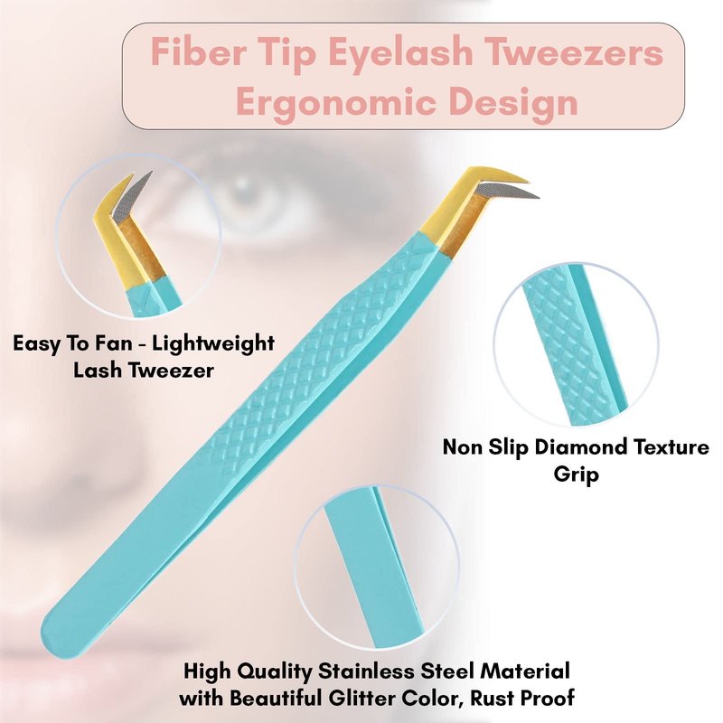 My Lash Tools Fiber Tip Lash Tweezers for Eyelash Extensions Professional Lash Tech Supplies Must Haves Volume Boot Eyelash Tweezers 12cm Stainless Steel Mink Fan Making Lashing Tweezer (Turquoise)