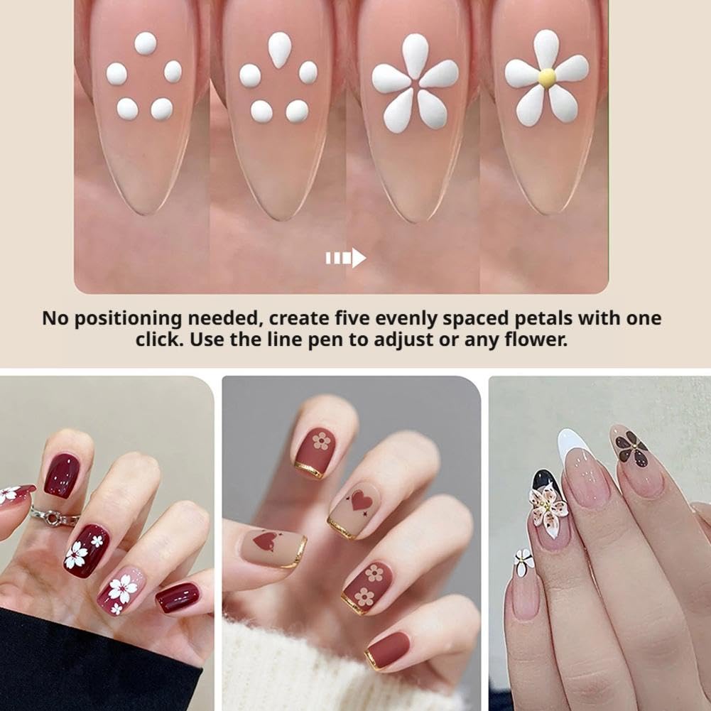 COCEQUC 5 Petal Flower Nail Dotting Pen,1.8mm Fine Tip One Stroke Flower Design Tool with Glitter Handle,for Beginners & Pros Painting, Sculpting, Rhinestones DIY and Salon