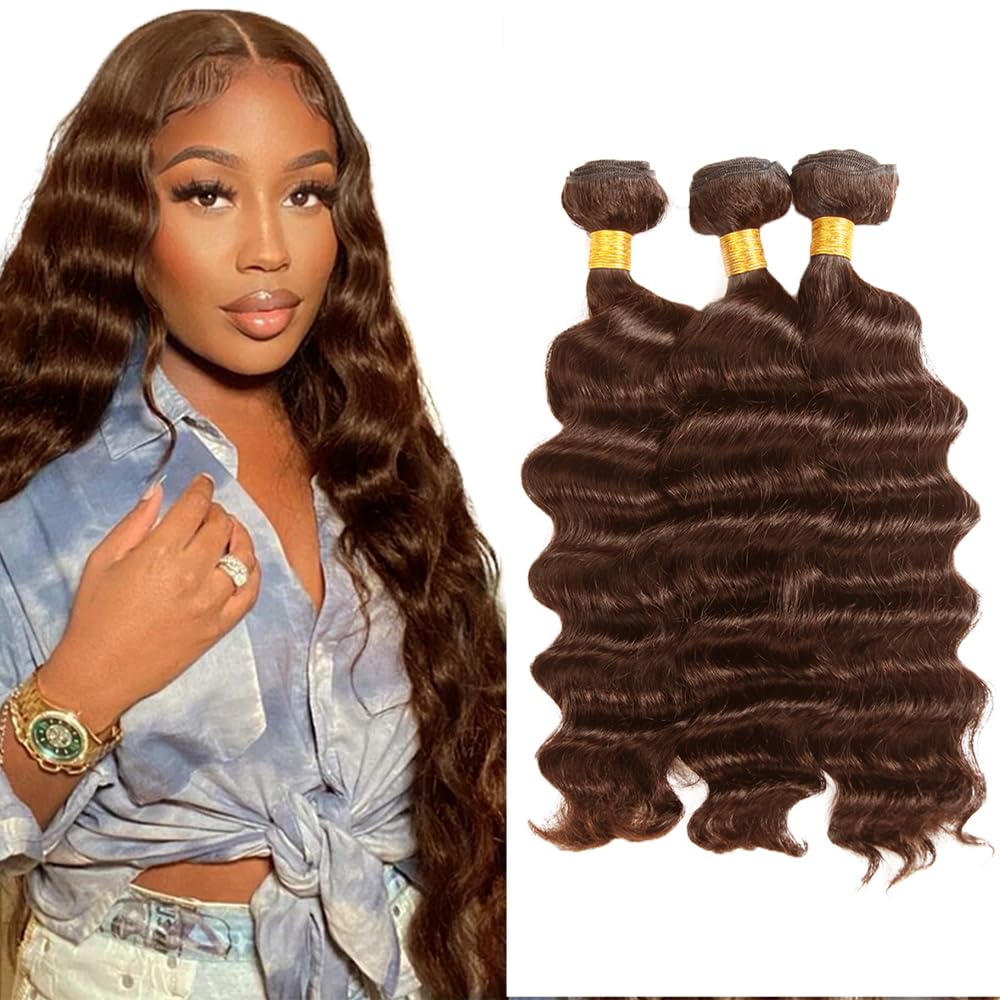 26 26 26 Inch Color #4 Bundle Chocolate Brown Deep Wave Human Hair Bundles Peruvian Virgin Remy Hair 3 Bundles Dark Brown Bundle Human Hair Extensions 300g