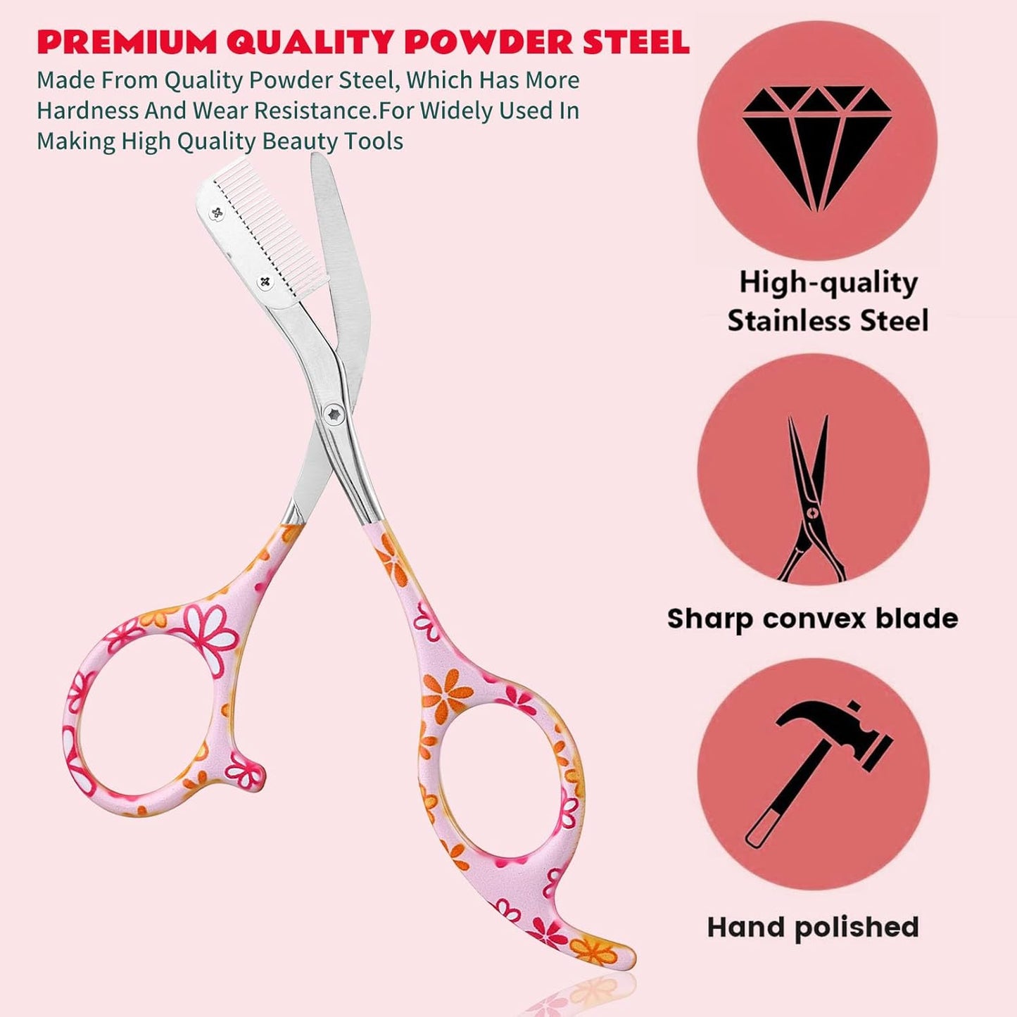 Eyebrow Trimmer Kit - Professional Precision Stainless Steel Scissors with Comb | Perfect for Men & Women (Pink)